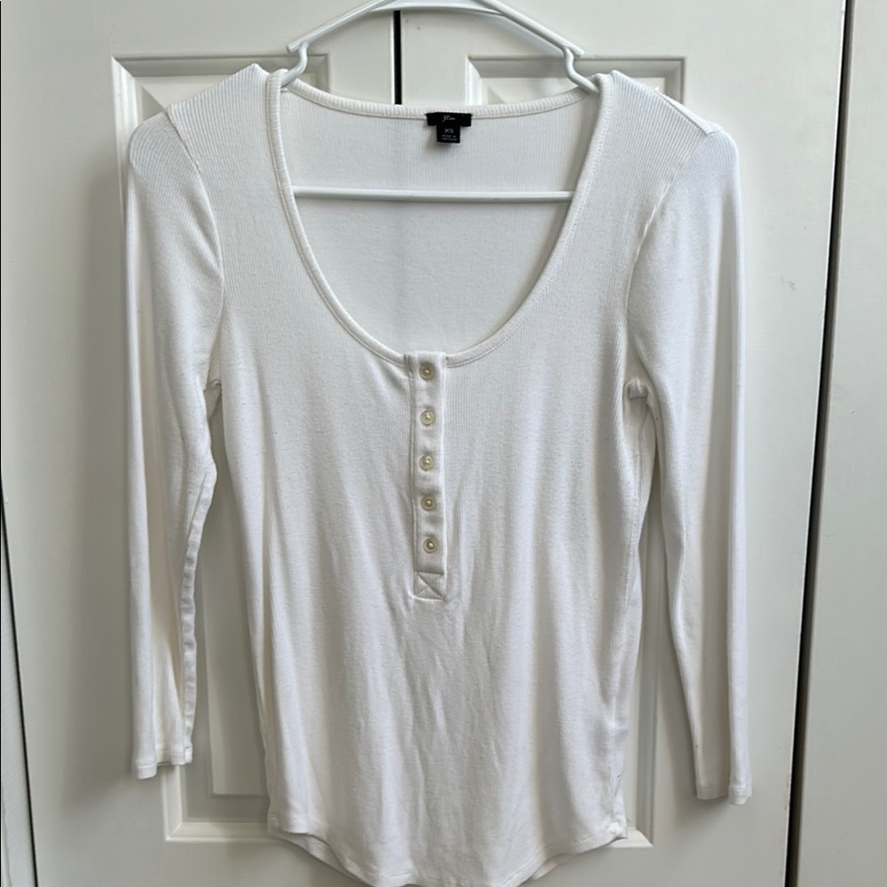 J. Crew White Ribbed Henley with Long Sleeves and Buttoned Style Features
